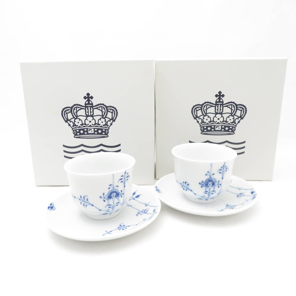 未使用 ROYAL COPENHAGEN ロイヤルコペンハーゲン ブルーパルメッテ 湯呑＆ソーサー 2客 ペアティーセット ジャパニーズカップ 湯飲 SC8600B4 【中古】