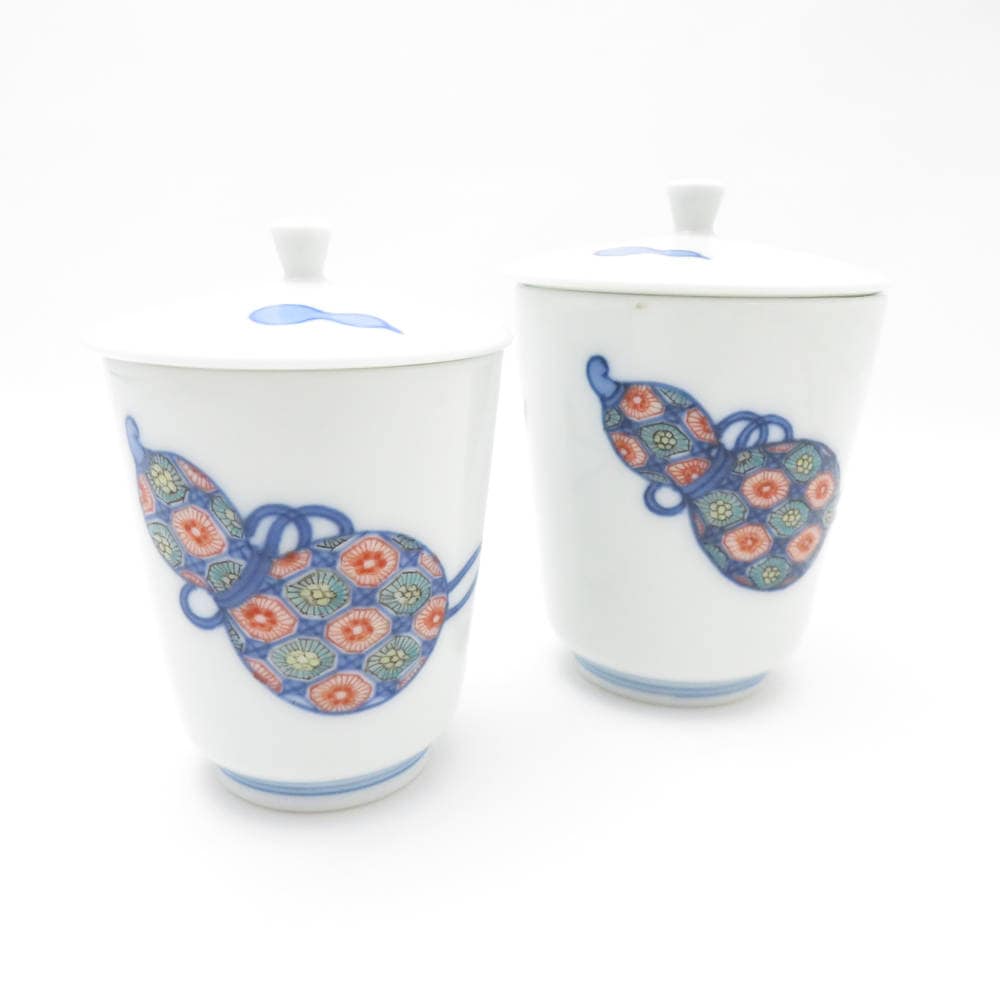 柿右衛門 染錦瓢箪文 夫婦蓋付一対湯呑み 2点 セット ゆのみ SM4471X2 【中古】