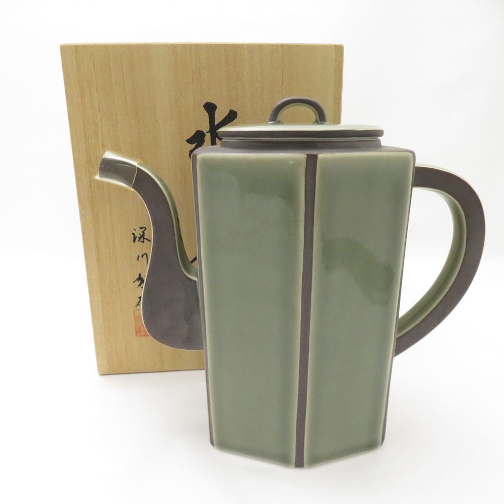 未使用 Fukagawa Seiji 深川製磁 茶灰釉 六角水差 コーヒーポット 1点 水差し ピッチャー 珈琲 有田焼 和食器 SU13037D2 【中古】