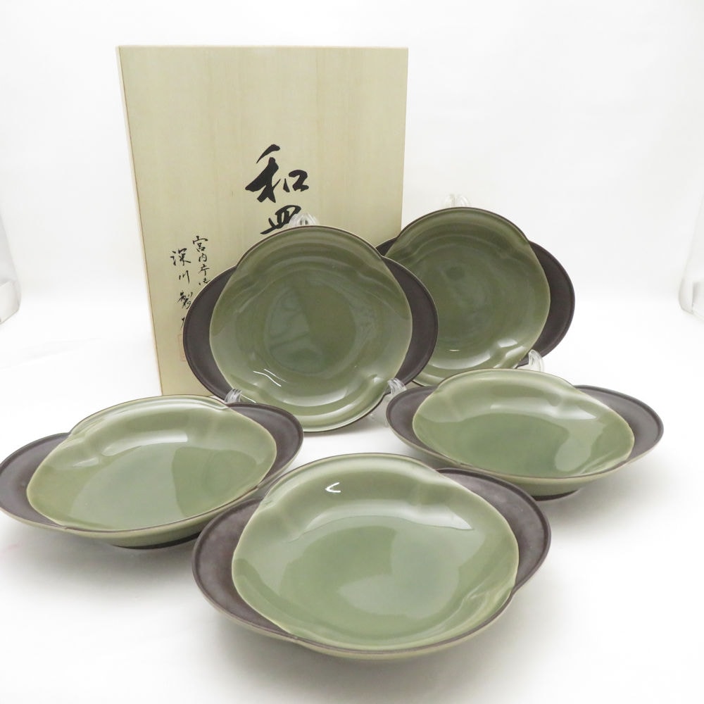 美品 Fukagawa Seiji 深川製磁 百年庵 茶灰釉 和皿揃 皿 5枚 プレートセット 有田焼 和食器 SU13038C2 【中古】