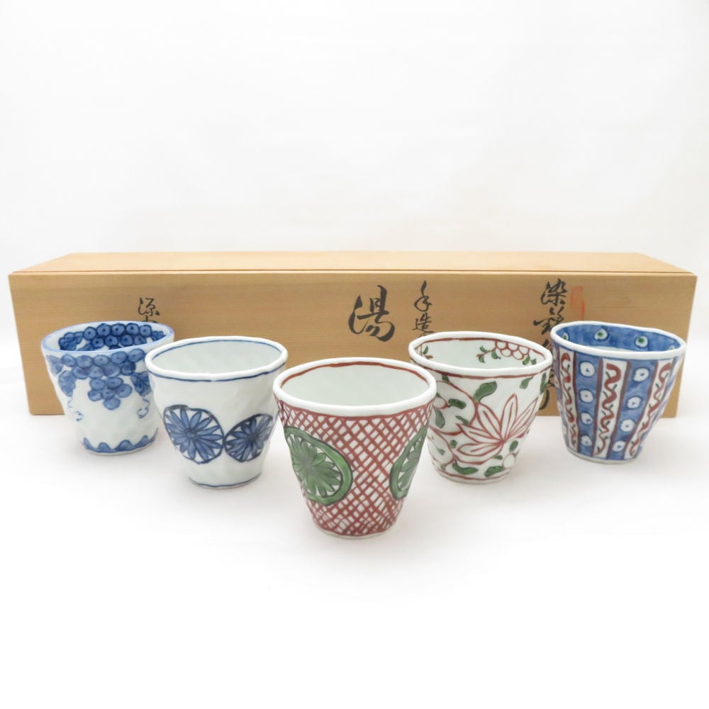 美品 源右衛門窯 染錦絵変り手造り 湯呑 5点 セット お茶 有田焼 和食器 SU13041C2 【中古】