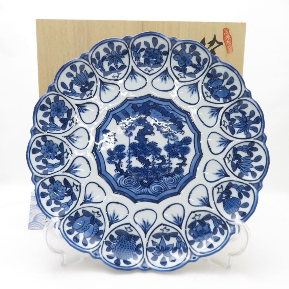 美品 源右衛門窯 染付輪花文 大皿 1枚 30cmプレート 花型 和食器 有田焼 SM4547S2 【中古】