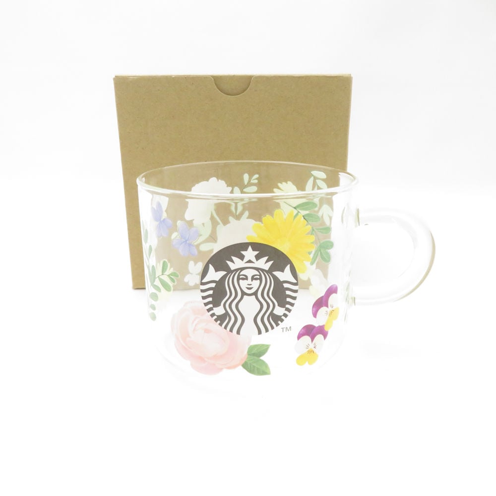 美品 STARBUCKS スターバックス フローラル 耐熱グラスマグ 1点 スタバ 355ml 花柄 コップ SC8818J1 【中古】