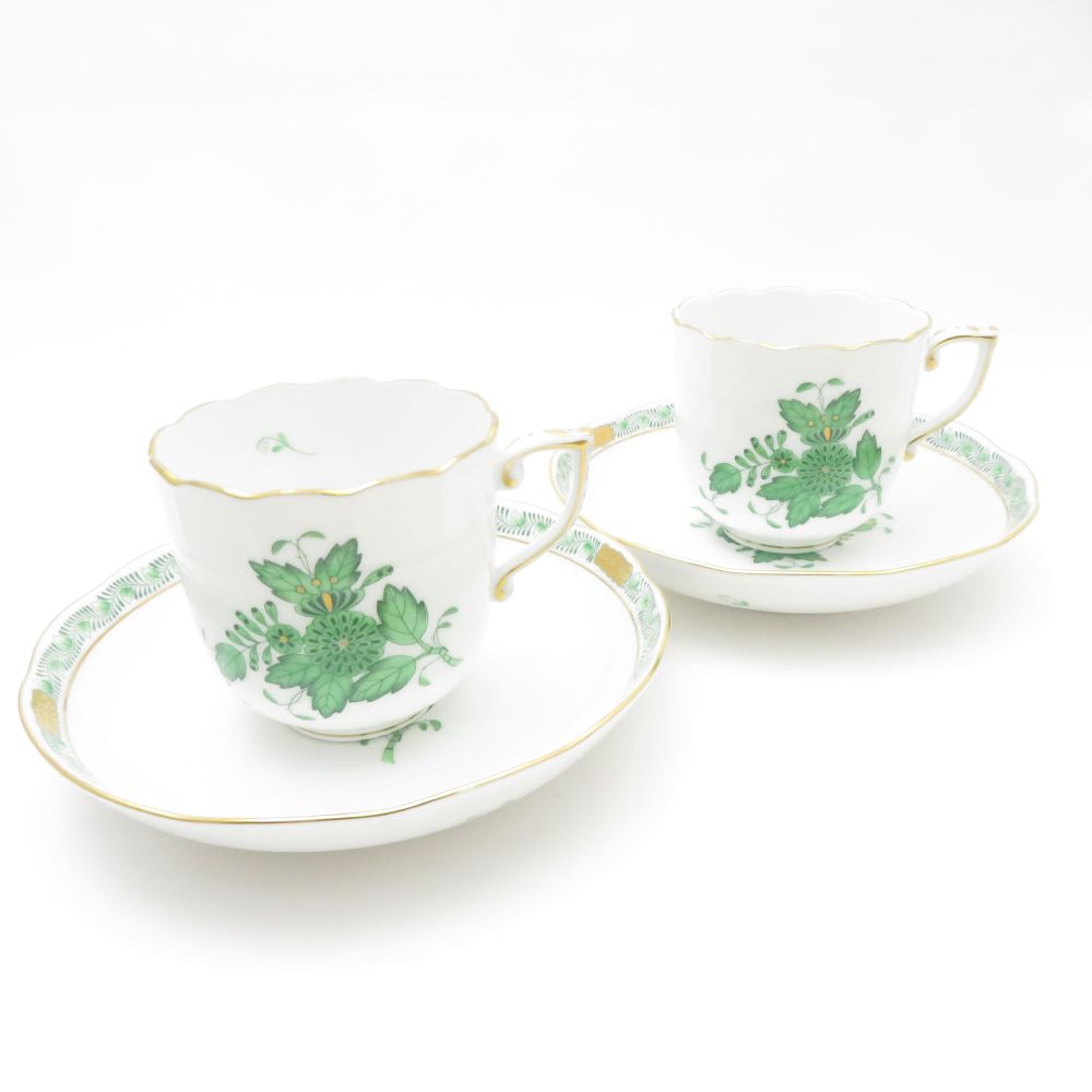 Herend ヘレンド アポニーグリーン コーヒーカップ＆ソーサー 2客 ペア SM4538P1 【中古】