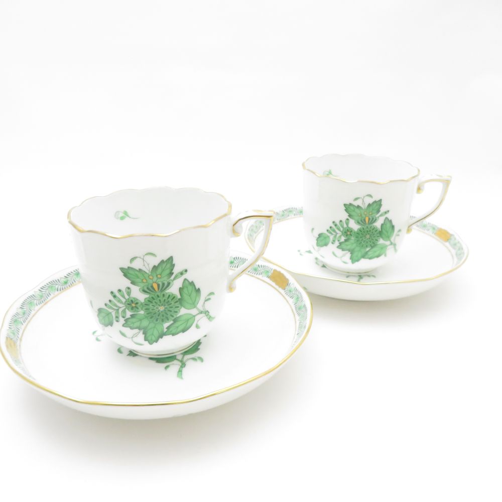 Herend ヘレンド アポニーグリーン コーヒーカップ＆ソーサー 2客 ペア SM4539P1 【中古】
