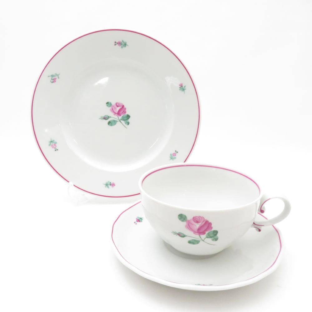 美品 AUGARTEN アウガルテン オールドウィンナーローズ 5784 ティーカップ＆ソーサー 19cmプレート トリオセット 中皿 薔薇 バラ SU13076K1 【中古】