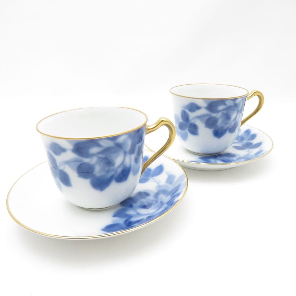 美品 OKURA 大倉陶園 ブルーローズ コーヒーカップ＆ソーサー 2客 ペア 8011 珈琲 SO3602H2 【中古】