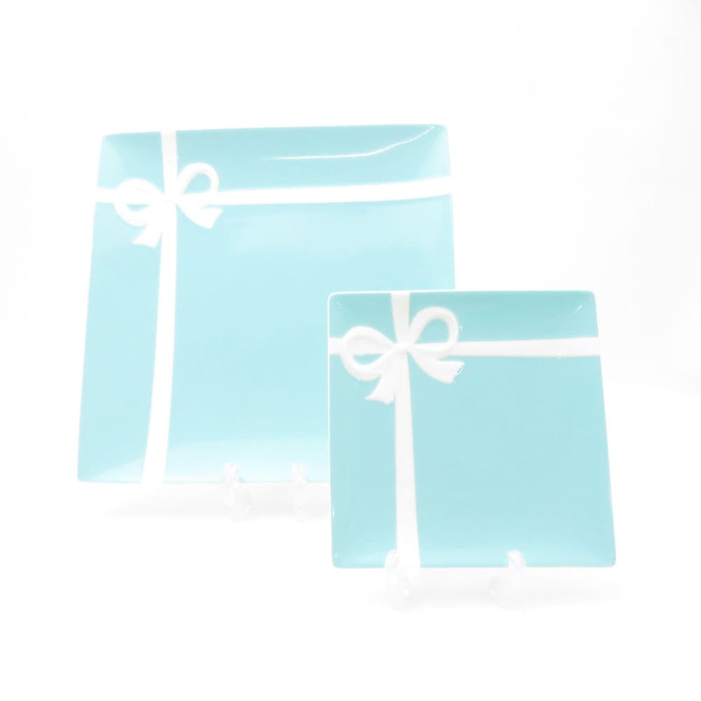 美品 TIFFANY＆Co. ティファニー ブルーボックス スクエアプレート 2枚 セット 14/24cm リボン 四角 角皿 デザート SU13097K1 【中古】