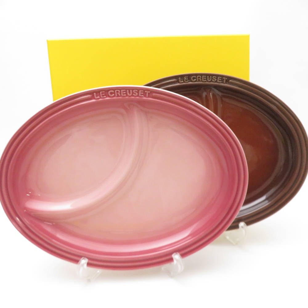 未使用 Le Creuset ルクルーゼ マルチオーバルプレート 2枚 30cm ブラウン ピンク 楕円皿 SO3623A1 【中古】
