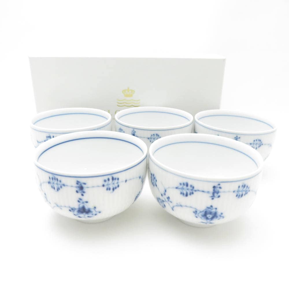 未使用 ROYAL COPENHAGEN ロイヤルコペンハーゲン ブルーフルーテッドプレイン ジャパニーズカップ 5客 セット ゆのみ 湯呑み SO3646A1 【中古】