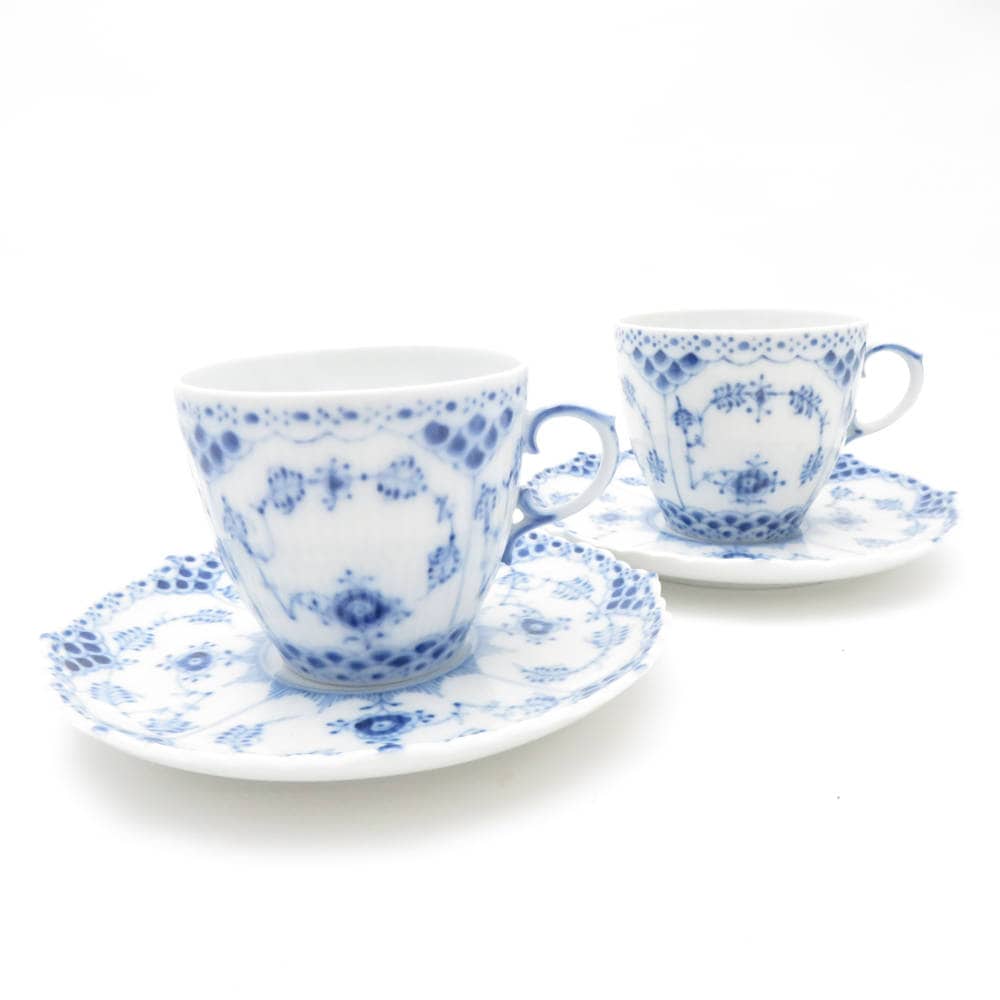 美品 ROYAL COPENHAGEN ロイヤルコペンハーゲン ブルーフルーテッドフルレース カップ＆ソーサー 2客 ペア コーヒー デミタス モカ SU13172A2 【中古】