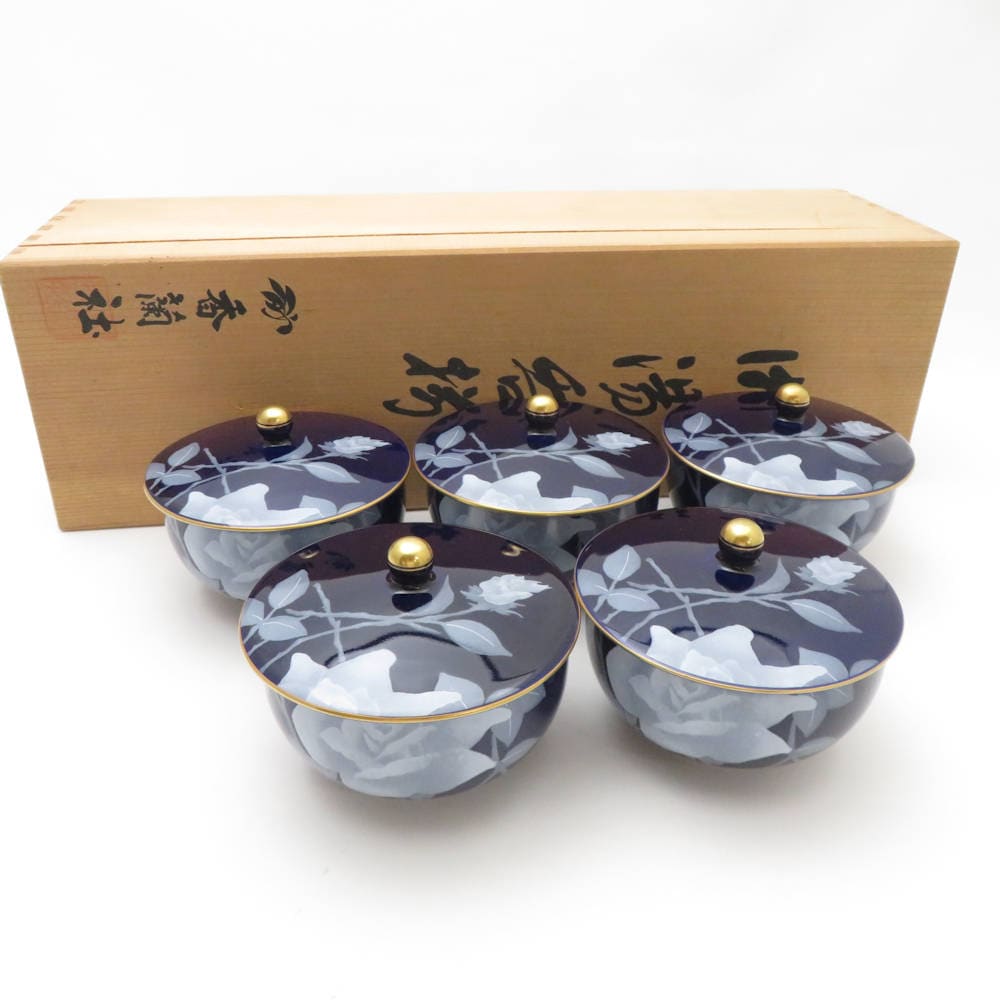 未使用 kouransya 香蘭社 湯呑揃 1箱 5点入り 蓋付 瑠璃 白薔薇 SC8978A2 【中古】