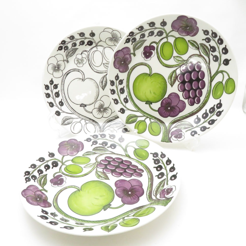 ARABIA アラビア パラティッシ ブラック＆パープル 大皿 3枚 セット 26cmプレート 旧刻印 SC8993G1 【中古】