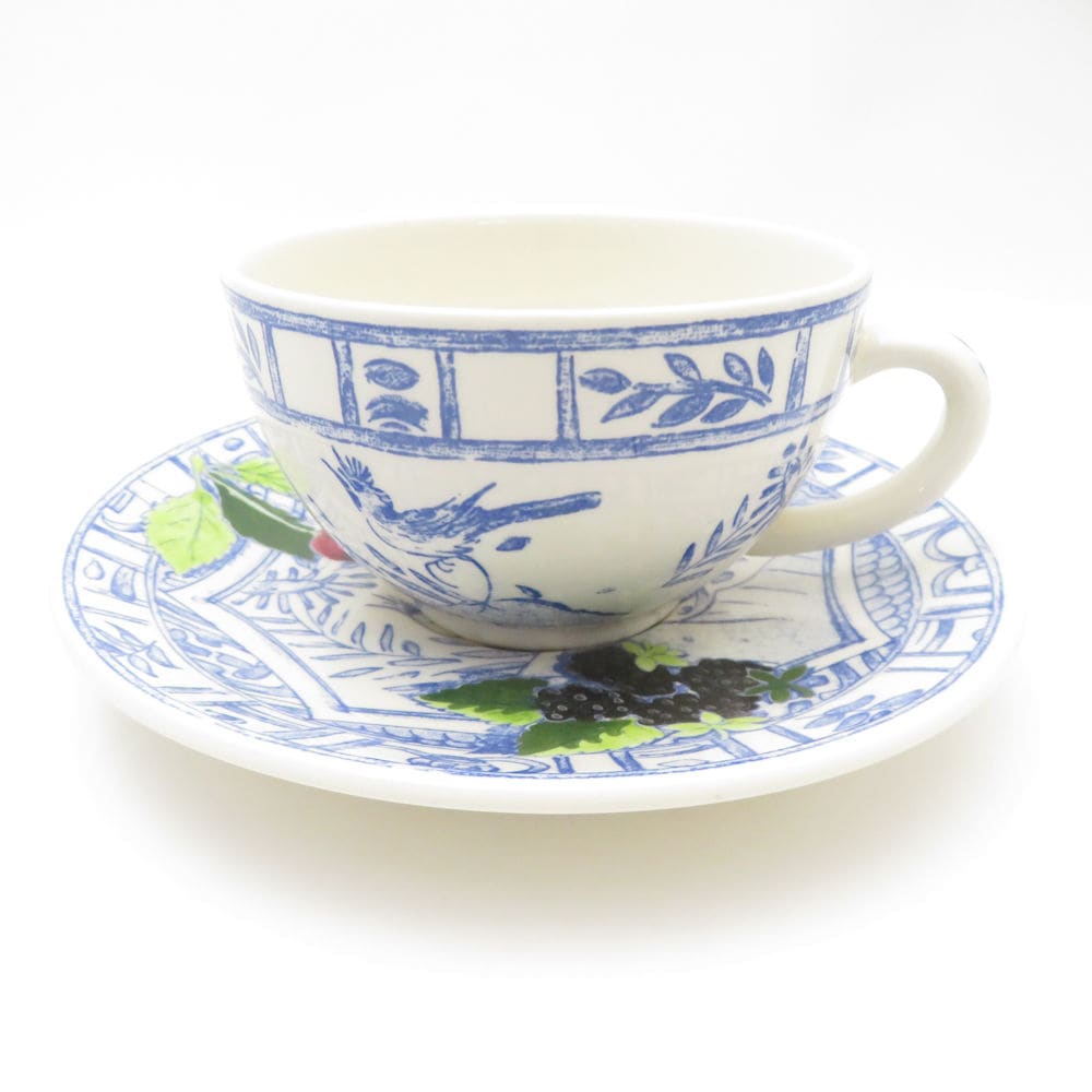 Gien ジアン oiseau bleu オワゾブルーフルーツ ティーカップ＆ソーサー 果物柄 ファイアンス焼き 陶器 フランス SU13219X1 【中古】