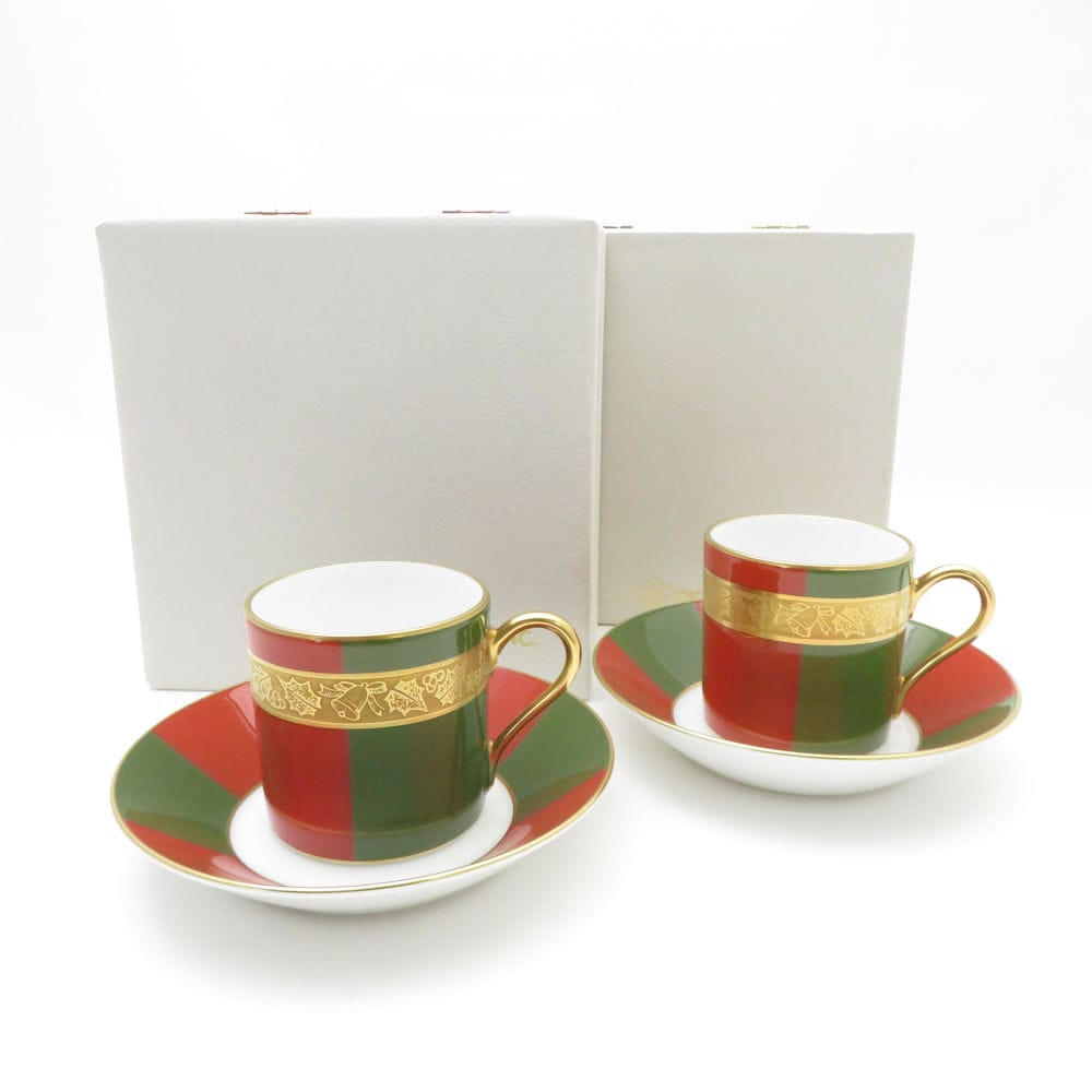 美品 OKURA 大倉陶園 歳時記 クリスマス デミタスカップ＆ソーサー 2客 ペア モカ エスプレッソ 金彩 SM4664A3 【中古】
