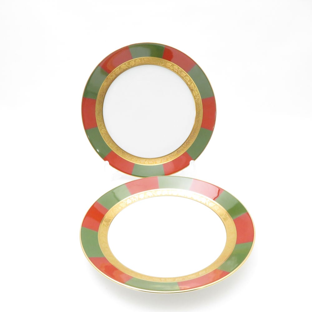 美品 OKURA 大倉陶園 歳時記 クリスマス 中皿 2枚 ペア 16cmプレート パン ケーキ 金彩 SM4665A3 【中古】