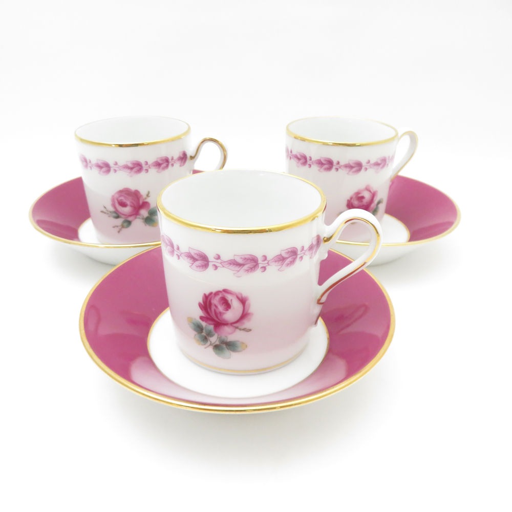 美品 Richard Ginori リチャードジノリ インペロカメリア デミタスカップ＆ソーサー 3客 セット モカ エスプレッソ 薔薇 バラ SM4669A3 【中古】