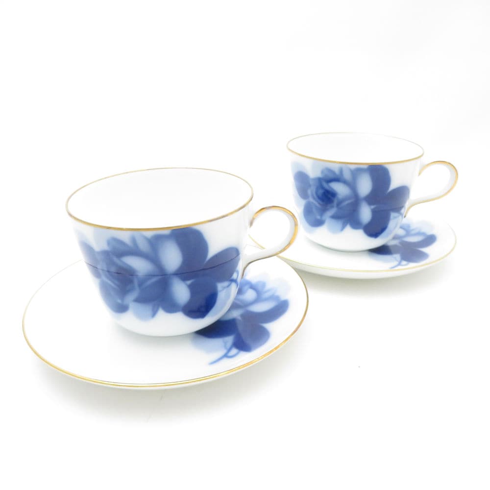 OKURA 大倉陶園 ブルーローズ（8211） モーニングカップ＆ソーサー 2客 ペア 薔薇 バラ SC9164B3 【中古】