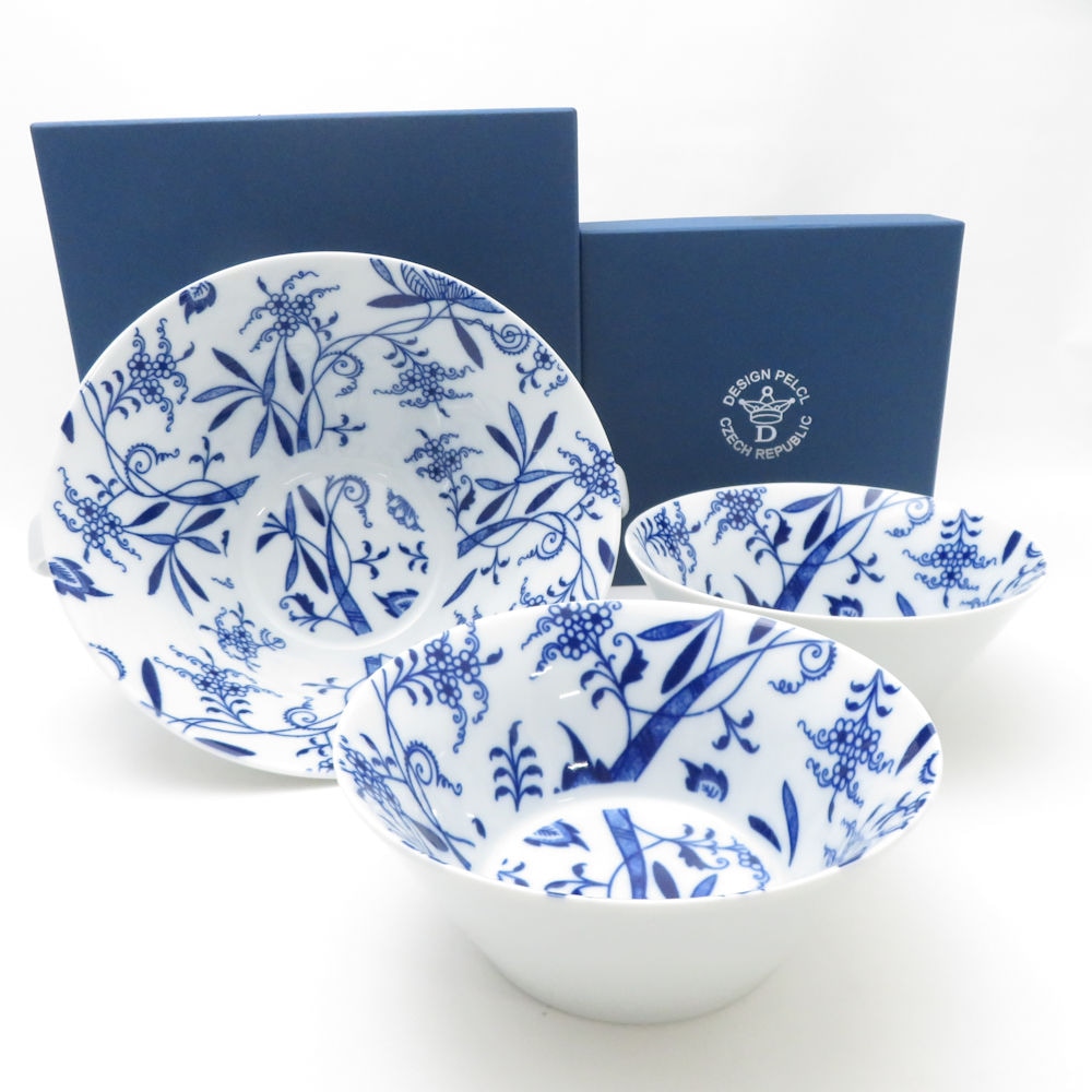 未使用 design pelcl czech republic ボヘミア コバルト ボウル 3枚 セット 15cm 20cm 取っ手付き チェコ SM4689V1 【中古】