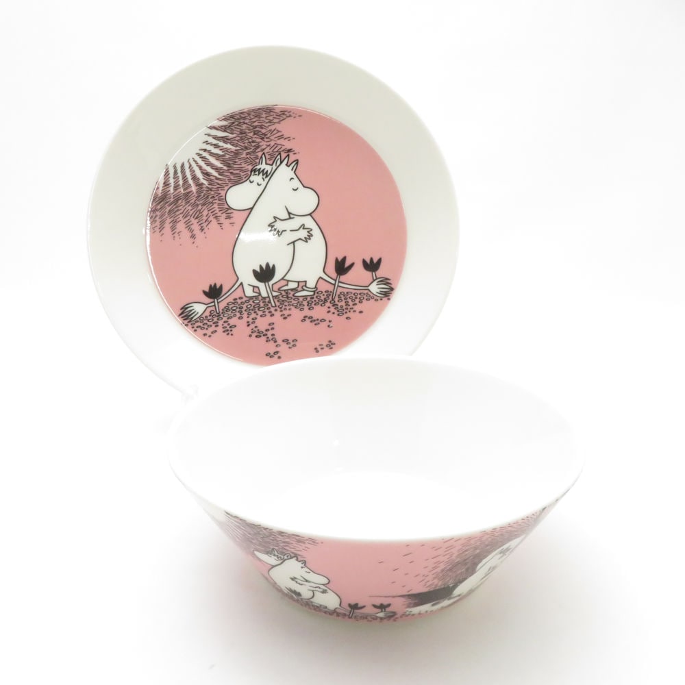 美品 ARABIA アラビア ムーミン ピンク Love ラブ 中皿 ボウル 2点 セット 19cmプレート 深皿 北欧 SC9157H2 【中古】