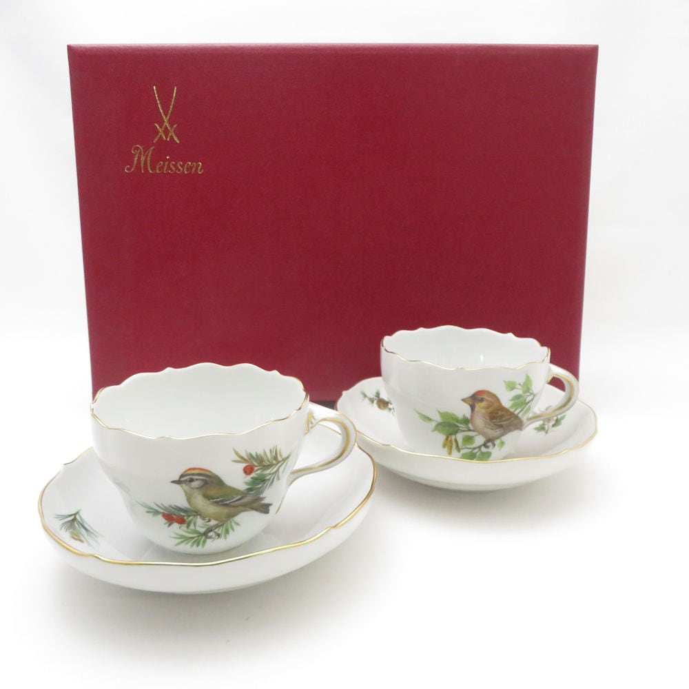 美品 MEISSEN マイセン 鳥 260210 カップ＆ソーサー 2客 ペア バード 野鳥 植物 SC9151B2 【中古】