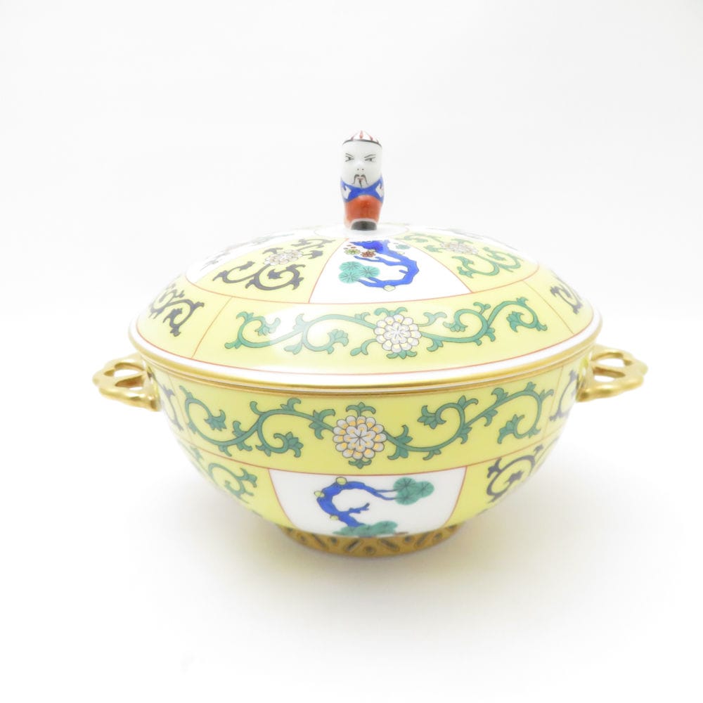 美品 Herend ヘレンド シノワズリ 西安の黄 SJ マンダリンおじさん シュガーポット 175周年 蓋物 小物入れ ペインターサイン入 SU13236S2 【中古】