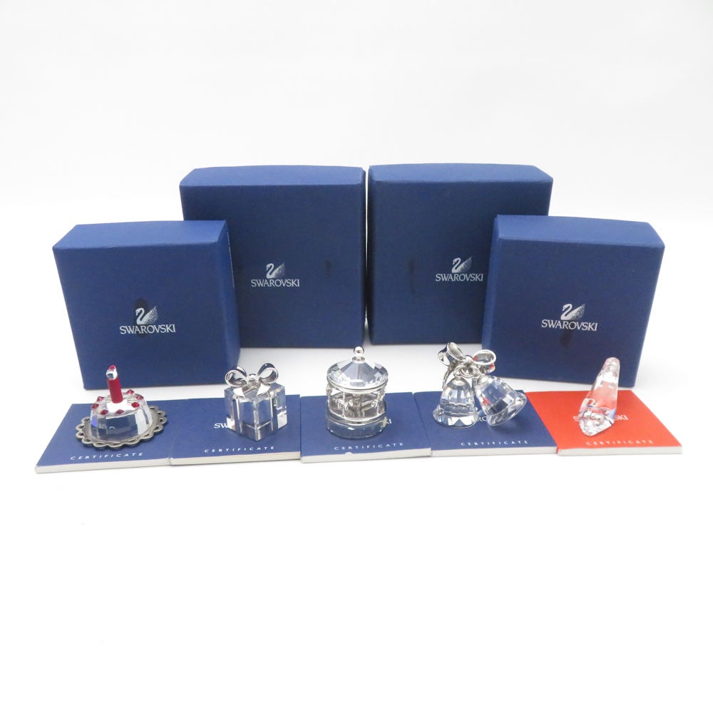 SWAROVSKI スワロフスキー ガラスの靴 ツインベル プレゼントボックス メリーゴーランド バースデーケーキ 置物 5点 セット オーナメント インテリア SC9078G2 【中古】