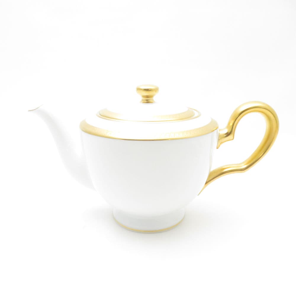 美品 OKURA 大倉陶園 片葉金蝕 ティーポット(小) 幅20cm 茶器 希少 レア ゴールド×ホワイト SC9303E1 【中古】