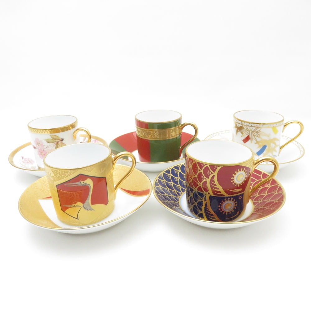 美品 OKURA 大倉陶園 歳時記シリーズ お正月/花見/鯉のぼり/七夕/クリスマス デミタスカップ＆ソーサー 5客 セット モカ エスプレッソ 金彩 日本 四季 SU13265F2 【中古】