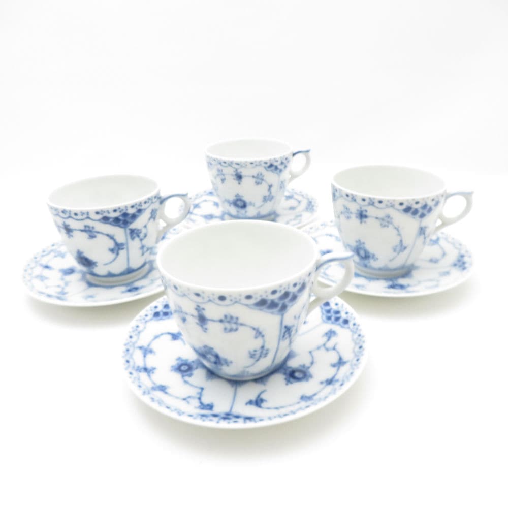 美品 ROYAL COPENHAGEN ロイヤルコペンハーゲン ブルーフルーテッドハーフレース 756 コーヒーカップ＆ソーサー 4客 セット 珈琲 テーブルウェア SU13267F2 【中古】