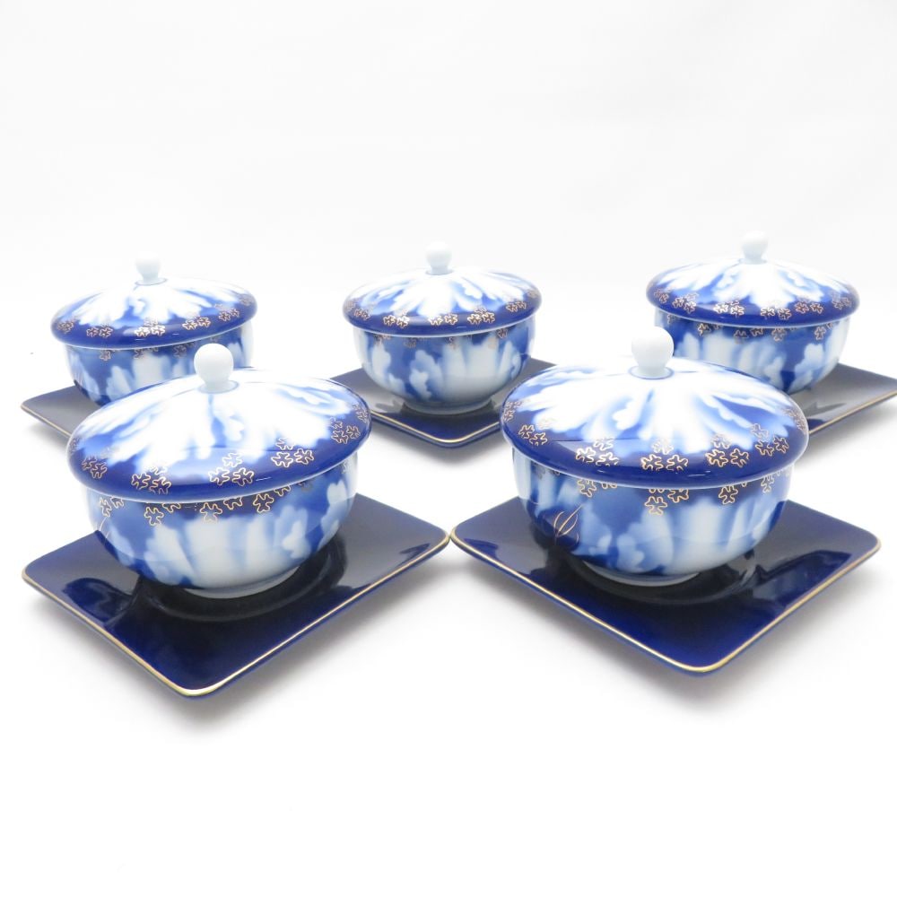 美品 Fukagawa Seiji 深川製磁 牡丹金ミル 蓋付湯呑＆茶托 5客 セット SC9323B1 【中古】