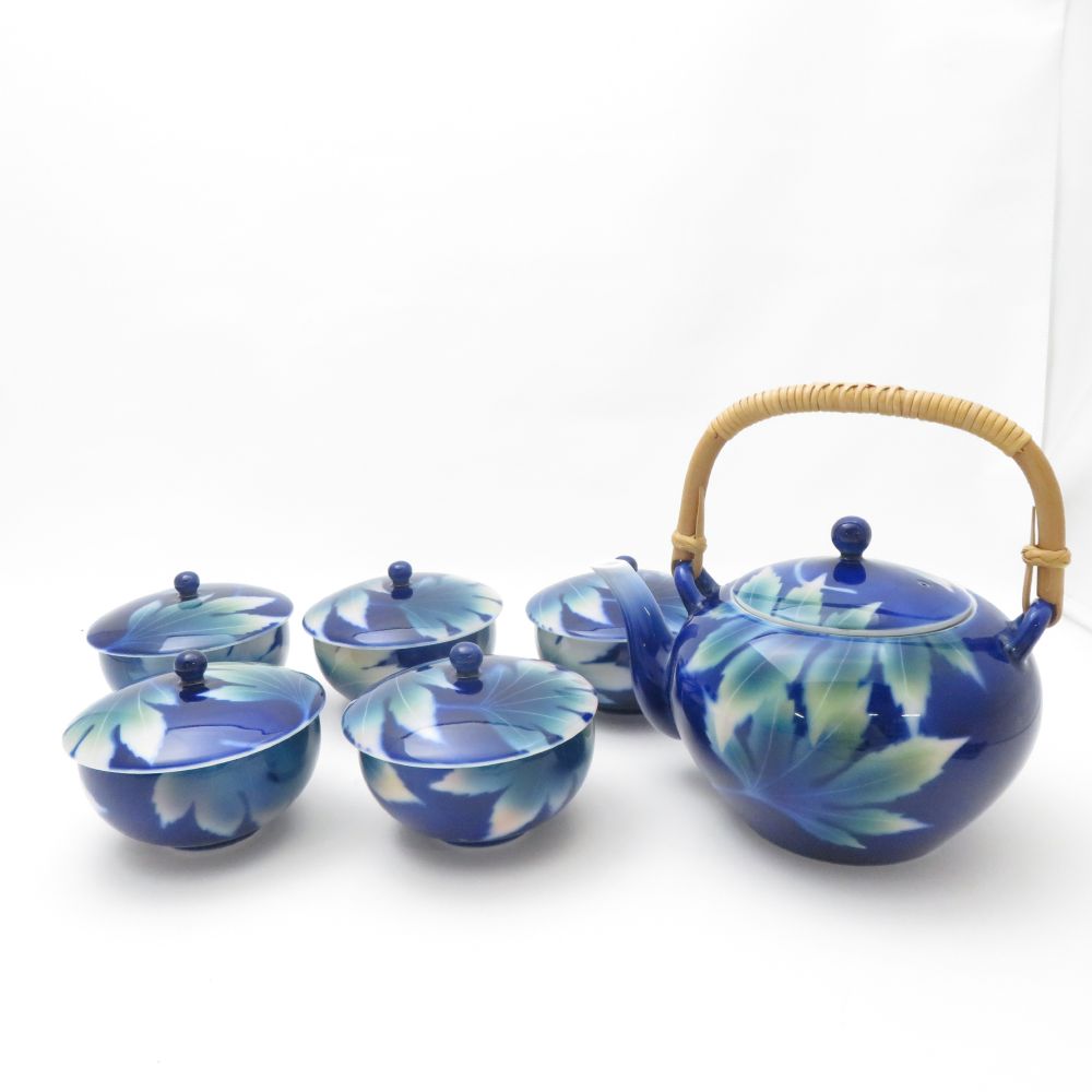 美品 Fukagawa Seiji 深川製磁 瑠璃かえで 急須＆蓋付湯呑 6点 セット 茶器 湯飲 茶碗 SC9324B1 【中古】