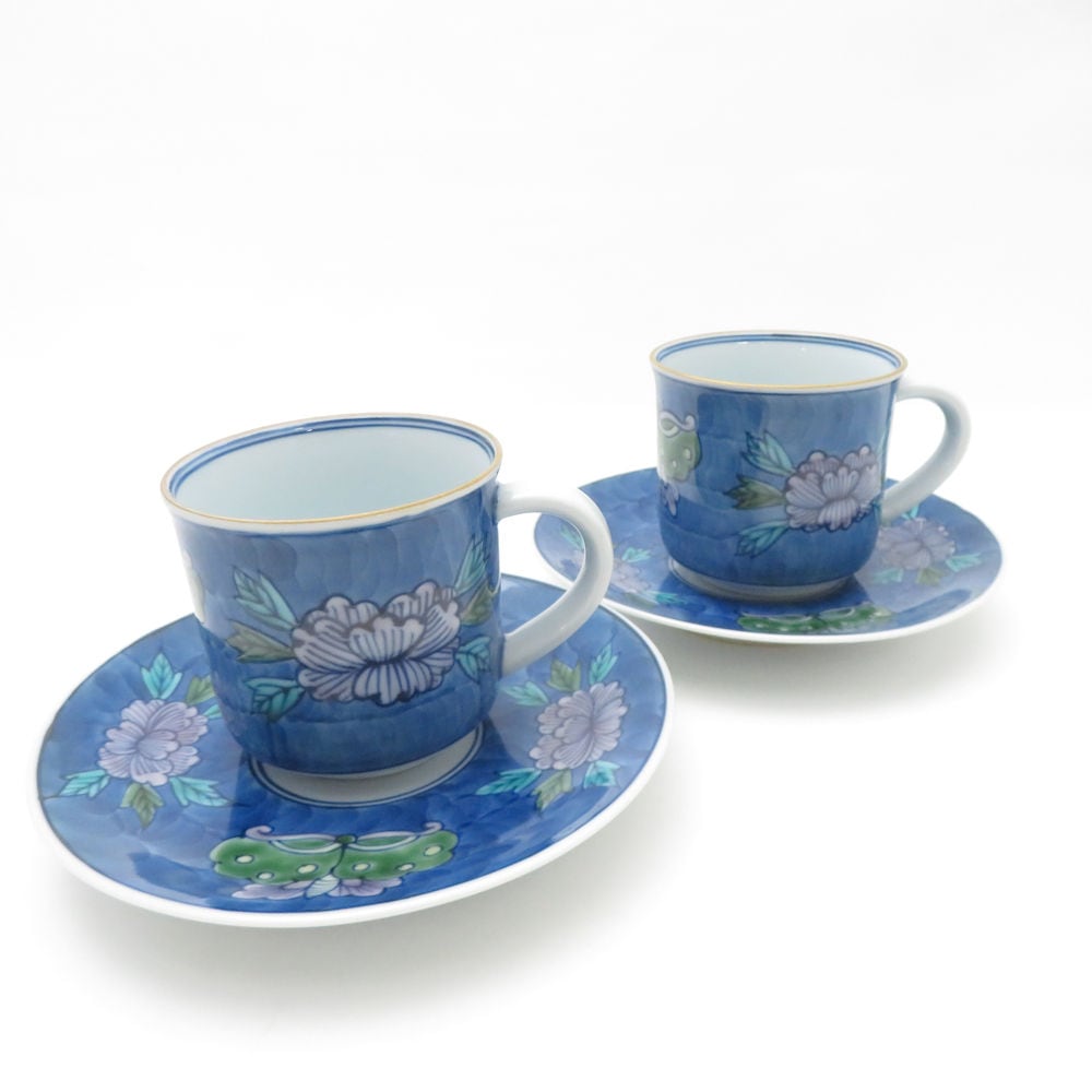 源右衛門窯 染錦牡丹蝶絵 カップ＆ソーサー 2客 ペア SY13376E2 【中古】