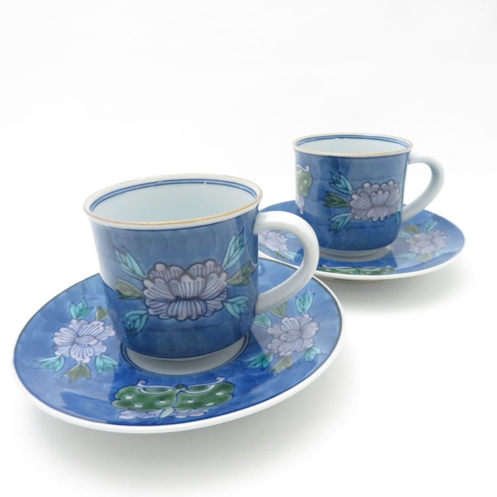 源右衛門窯 染錦牡丹蝶絵 カップ＆ソーサー 2客 ペア SY13377E2 【中古】