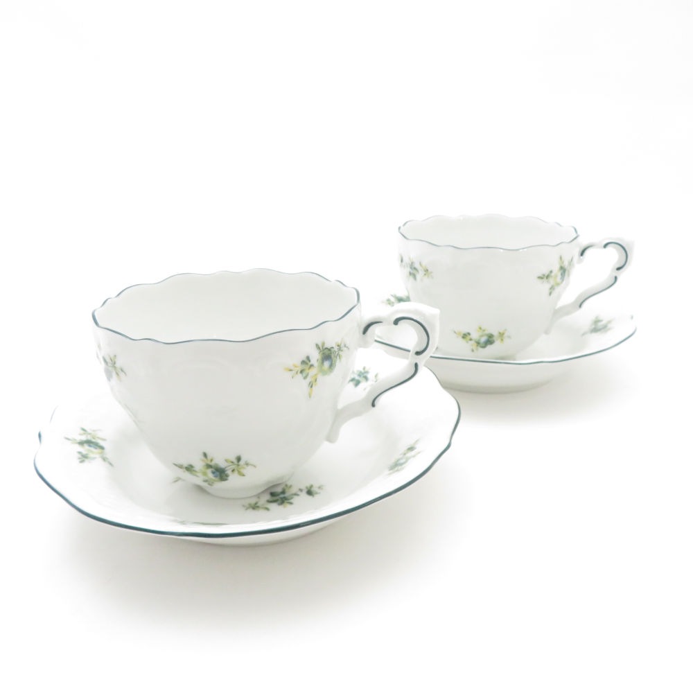 美品 Lindner リンドナー ジェイド コーヒーカップ＆ソーサー 2客 ペア 花柄 フラワー SC9317P1 【中古】