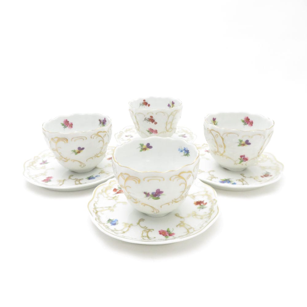 美品 Lindner リンドナー ベルサイユ ミニカップ コースター 4客 セット カップ＆ソーサー レア 希少 花柄 SC9321P1 【中古】