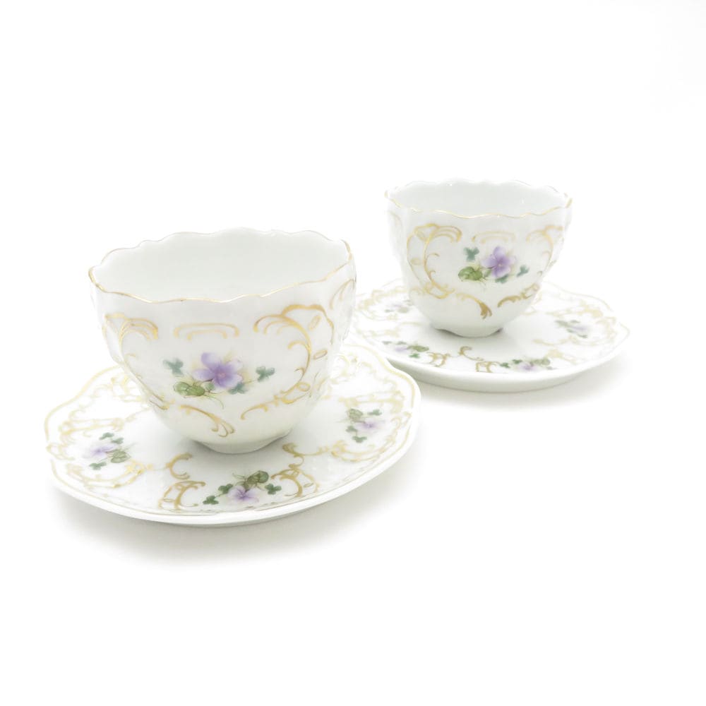 美品 Lindner リンドナー バイオレット ミニカップ コースター 2客 ペア カップ＆ソーサー レア 希少 花柄 SC9322P1 【中古】