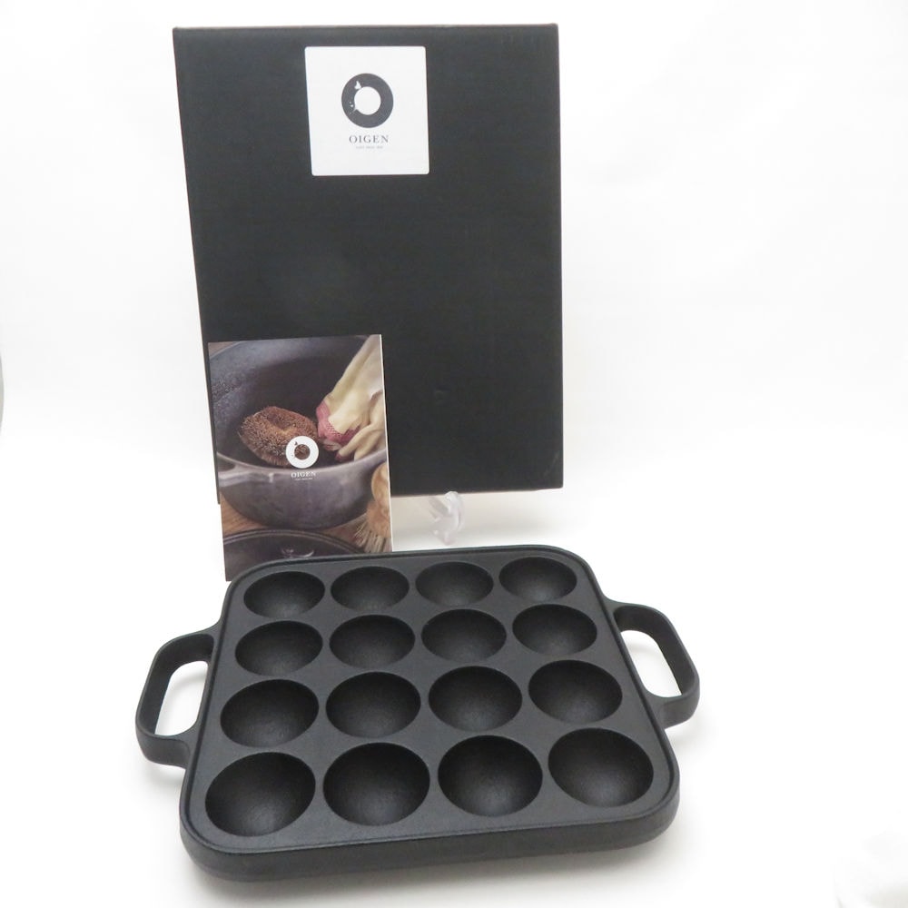 美品 OIGEN 及源鋳造 南部鉄器 盛栄堂 CA-30L たこ焼き角型 16穴 鋳鉄 鉄板 取っ手付プレート IH対応 タコパ SU13328K2 【中古】