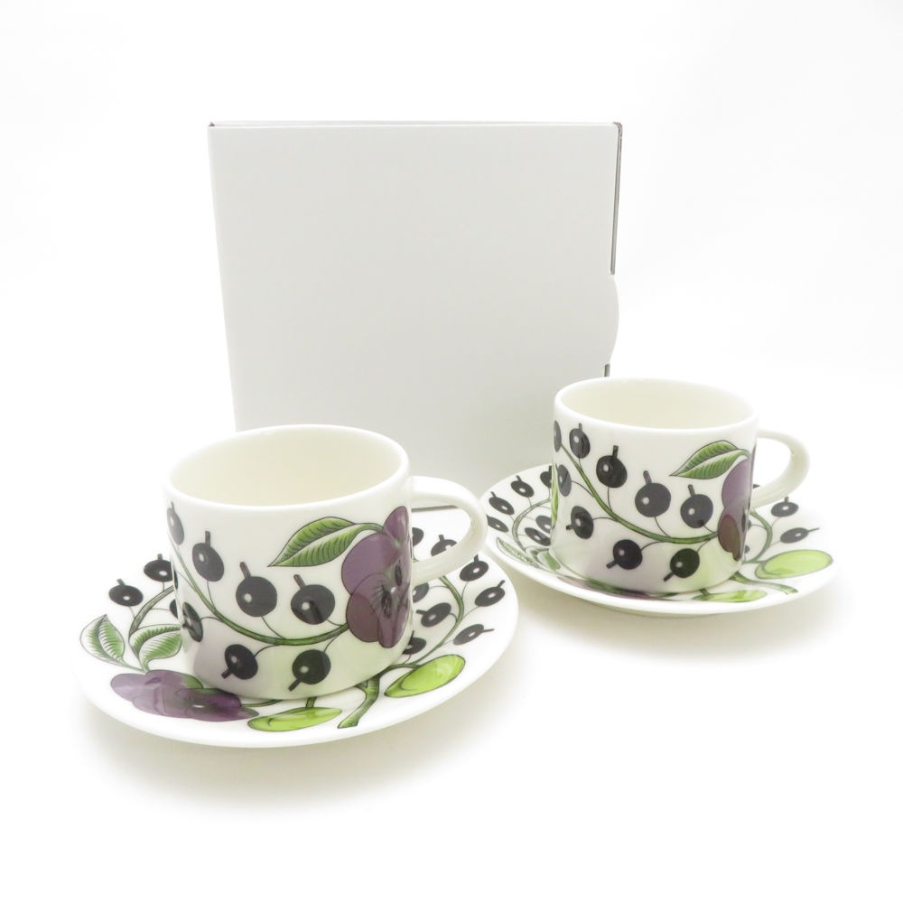 美品 ARABIA アラビア パラティッシ パープル カップ＆ソーサー 2客 ペア 北欧 SC9375L1 【中古】