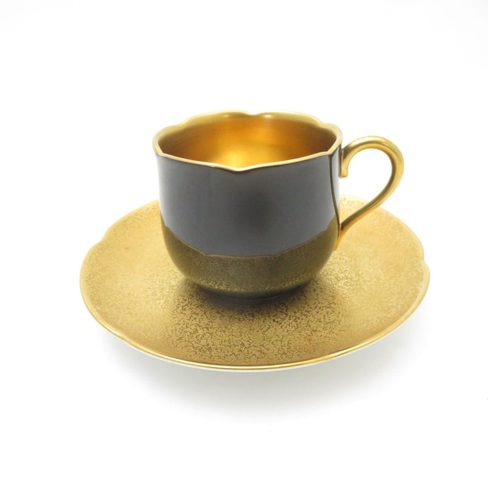 難有 OKURA 大倉陶園 黒蒔 金蝕 デミタスカップ＆ソーサー 漆蒔 黒塗 レア 希少 SC9425C2 【中古】