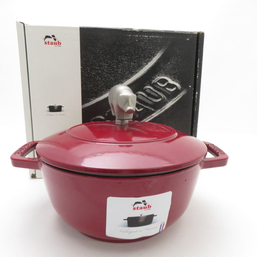 未使用 STAUB ストウブ Wa-NABE M 40502-280 両手鍋 鋳鉄(底厚4.2mm) ボルドー 料理 調理 アニマルノブ SY13449Z 【中古】