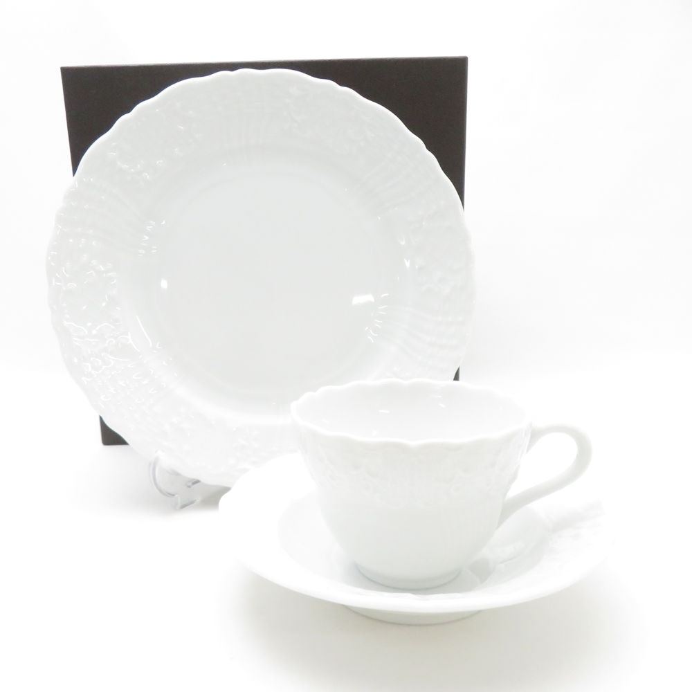未使用 Herend ヘレンド バロックホワイト カップ＆ソーサー デザートプレート 2点 セット SY13446J1 【中古】