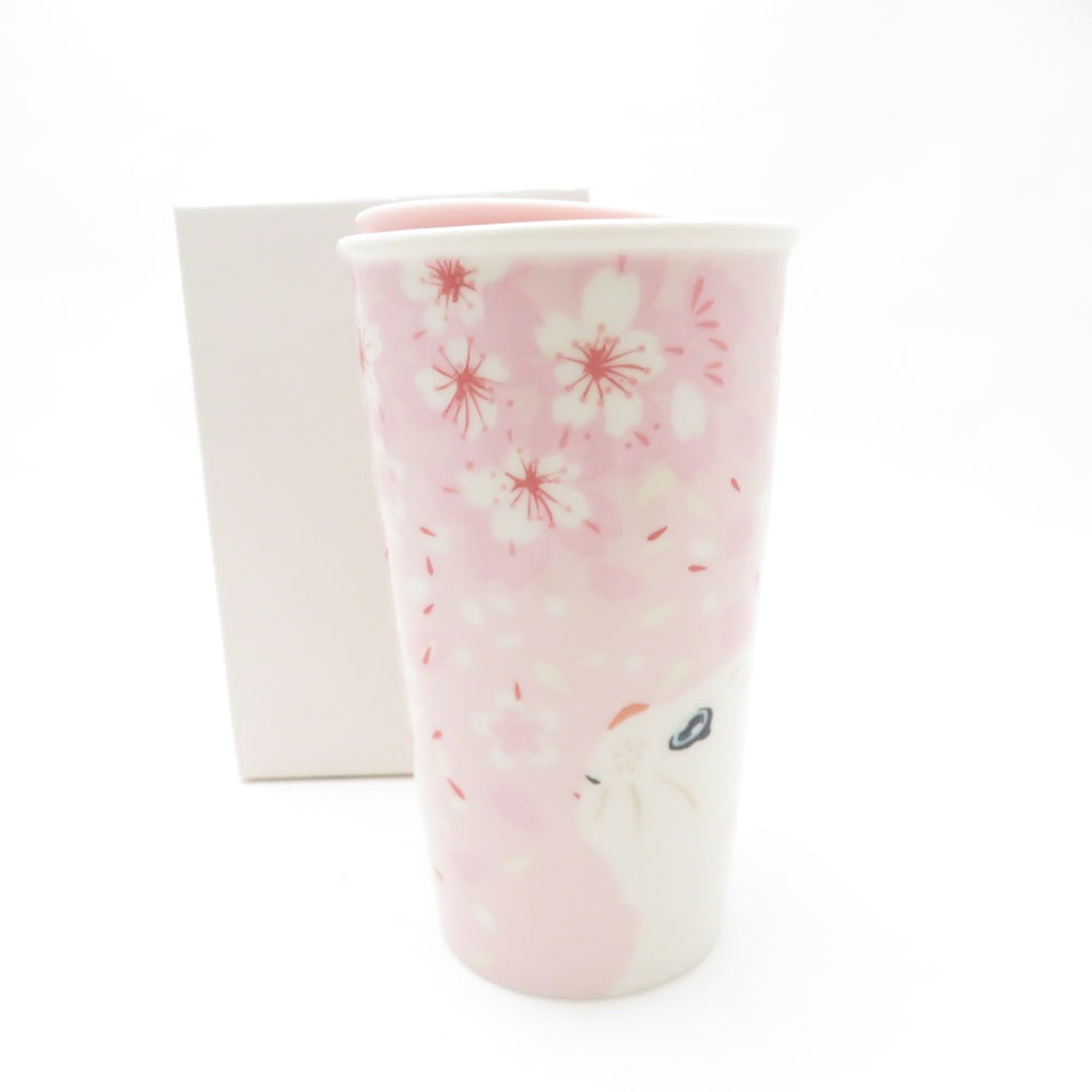 未使用 STARBUCKS スターバックス PAUL&JOEコラボ SAKURA キャット 蓋付きセラミックタンブラー スタバ 台湾限定 コップ 猫 桜 SO3687R1 【中古】