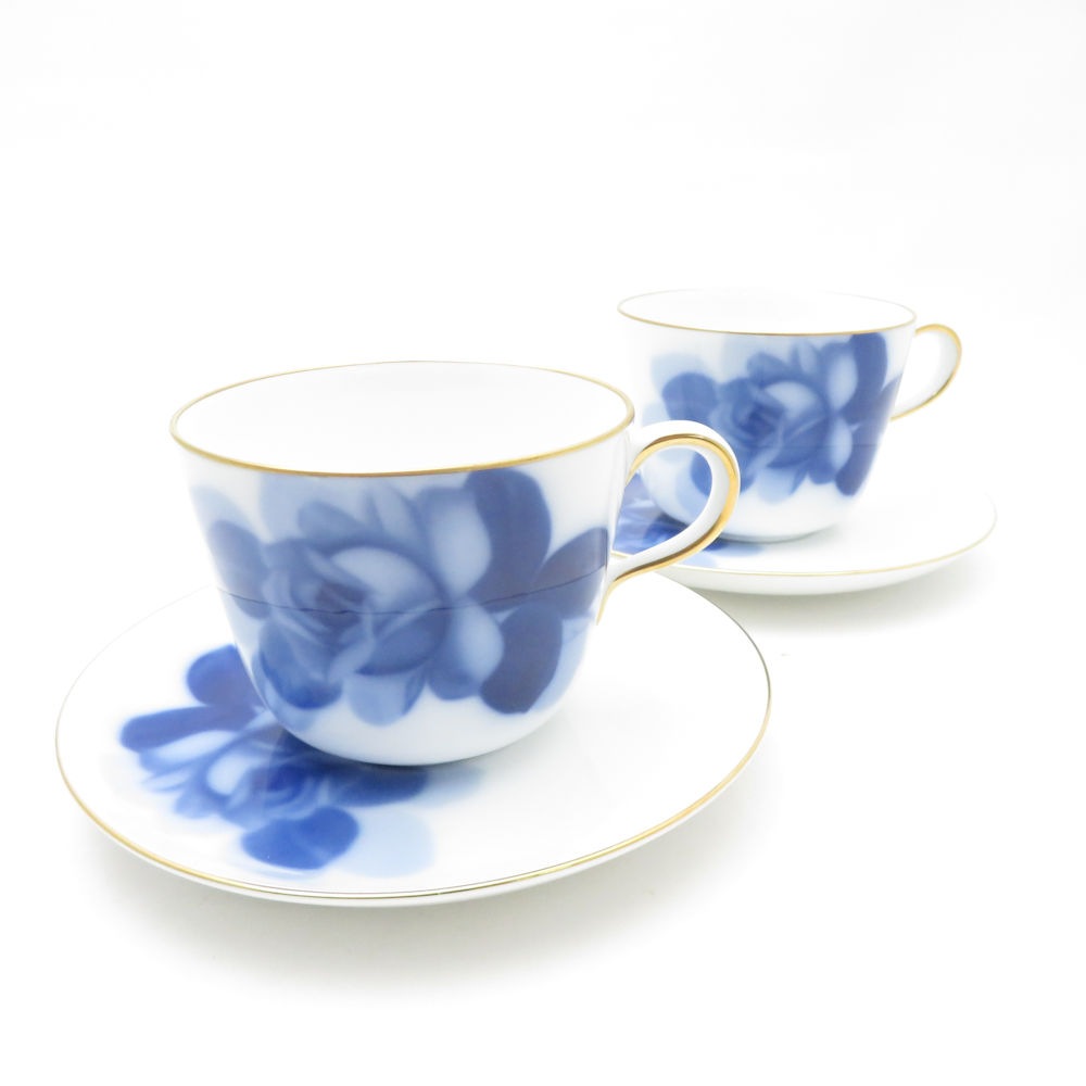 OKURA 大倉陶園 ブルーローズ 8211（J.Bマーク） モーニングカップ＆ソーサー 2客 ペア 薔薇 バラ SC9447B2 【中古】