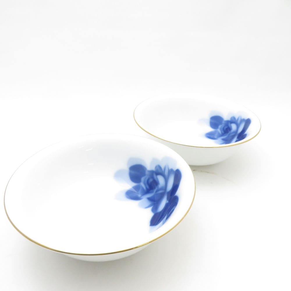 美品 OKURA 大倉陶園 ブルーローズ 8211 ポリッジボウル 2点 ペア 15cmプレート 深皿 薔薇 バラ SC9450B2 【中古】