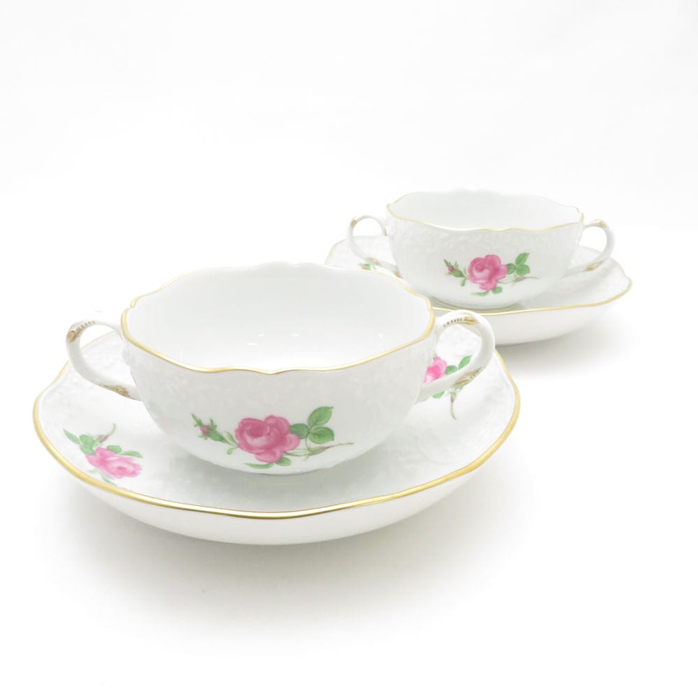 美品 MEISSEN マイセン ピンクローズ エンボス スープカップ＆ソーサー 2客 ペア 薔薇 バラ SC9499E2 【中古】