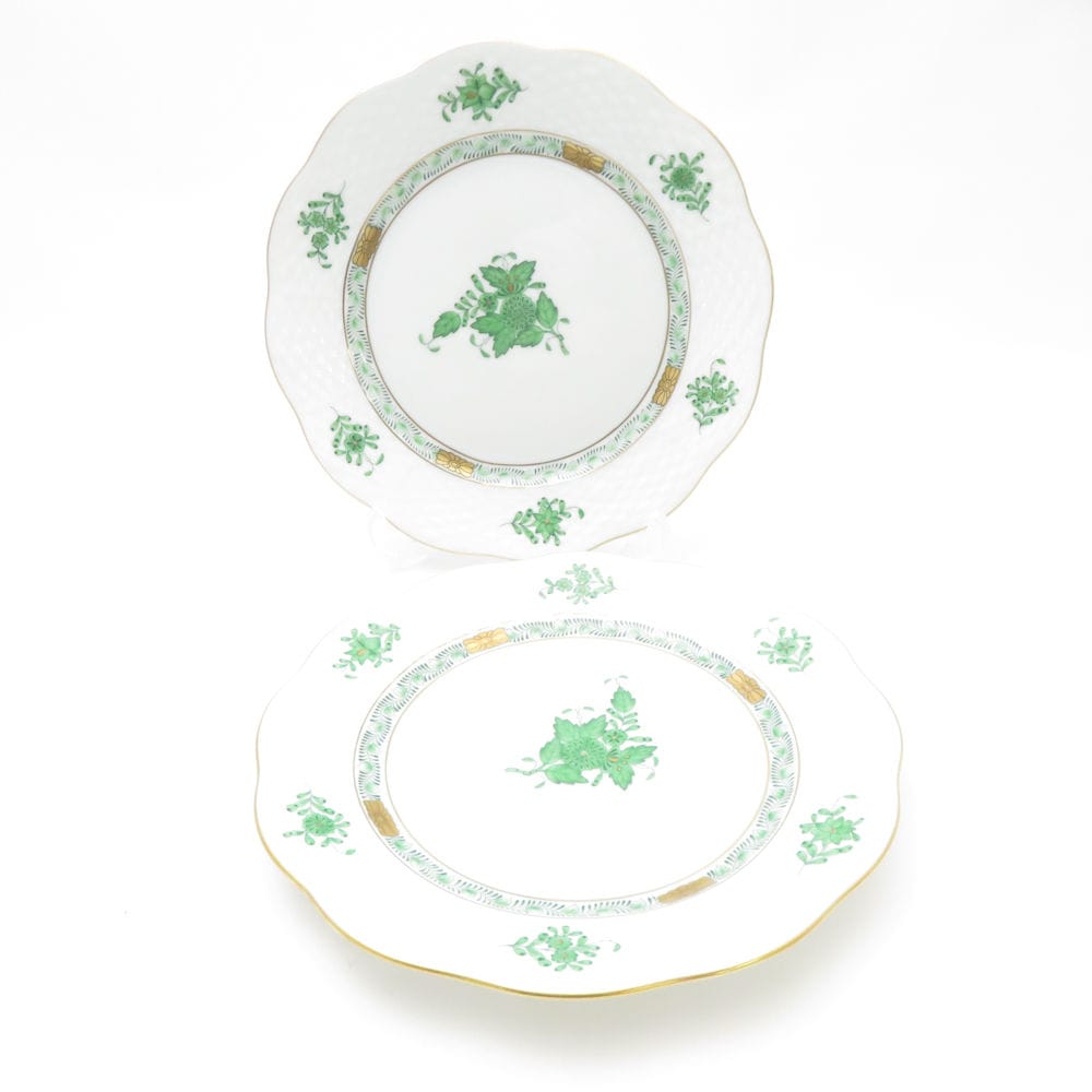 美品 Herend ヘレンド アポニーグリーン AV 中皿 2枚 ペア 19cmプレート デザート SC9504E2 【中古】