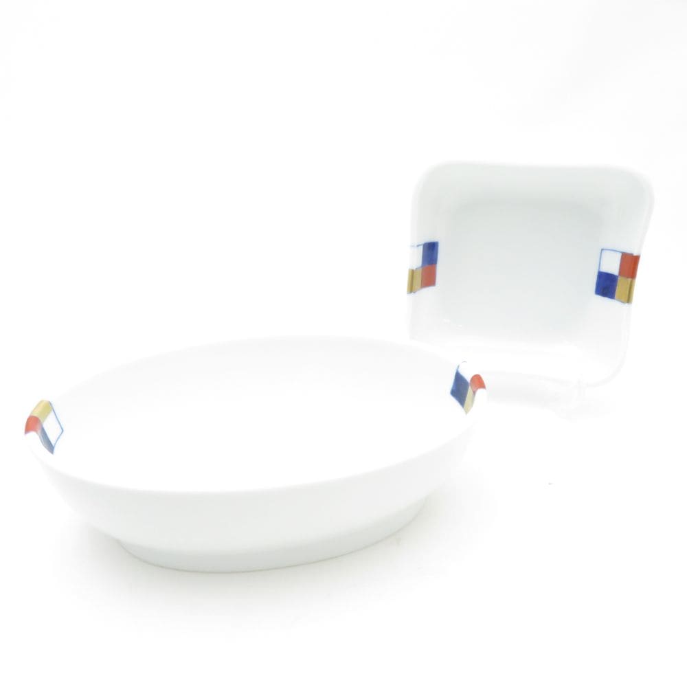 美品 Fukagawa Seiji 深川製磁 アルテウァン 市松シリーズ 楕円鉢&取り皿 2点 セット ボウル 深皿 有田焼 和食器 SU13384B2 【中古】