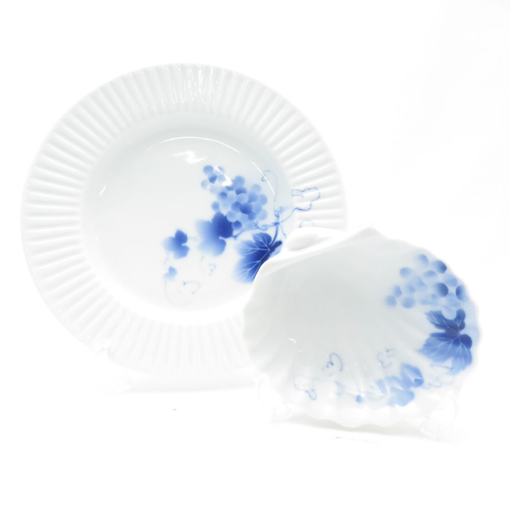 美品 Fukagawa Seiji 深川製磁 ブルーワイナリー 和皿&貝型皿 2枚 セット ぶどう 23cmプレート 吉祥紋様 SU13386B2 【中古】