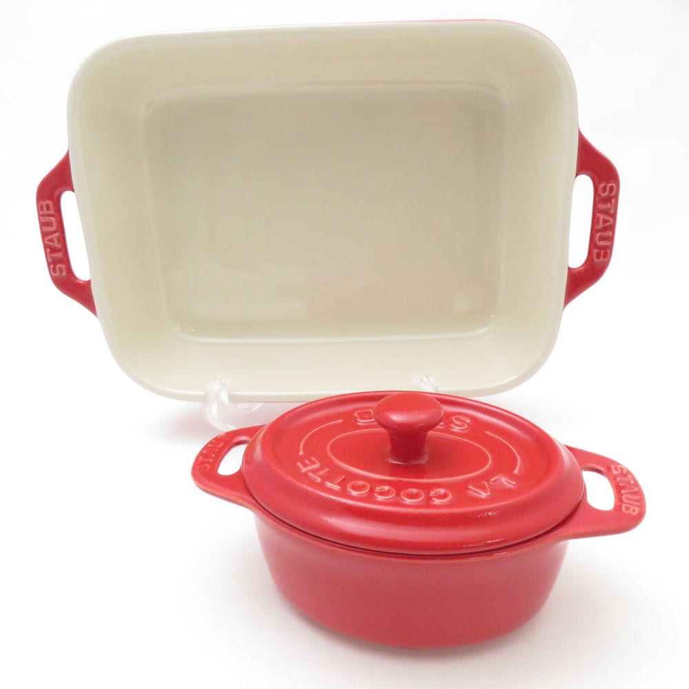 美品 STAUB ストウブ セラミック オーバル ミニココット&レクタンギュラーディッシュ 2点 直火・電気・IH不可 セット グラタン皿 料理 調理器具 SU13396L1 【中古】